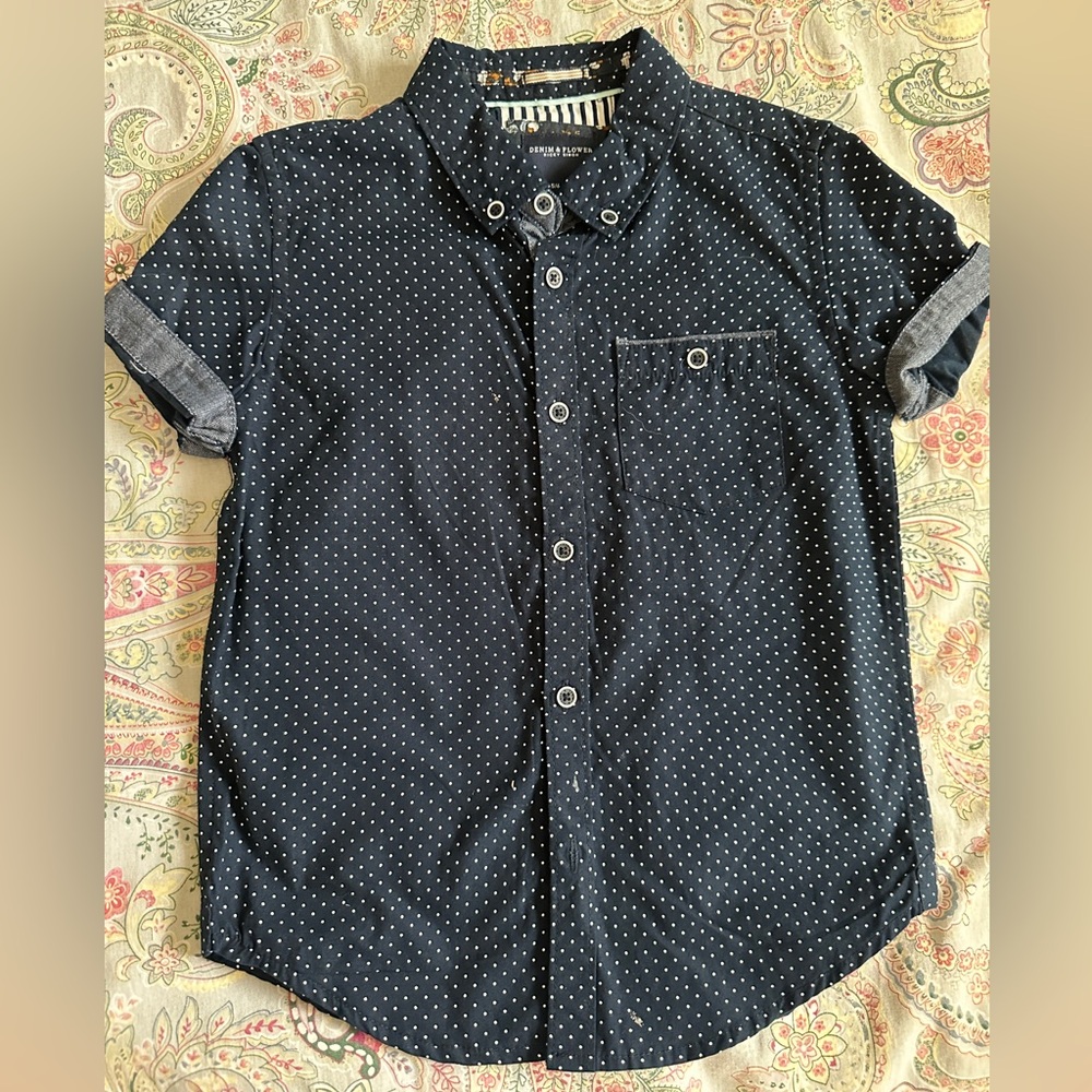 Denim and Flower Button Down Boys Shirt Size 5/6